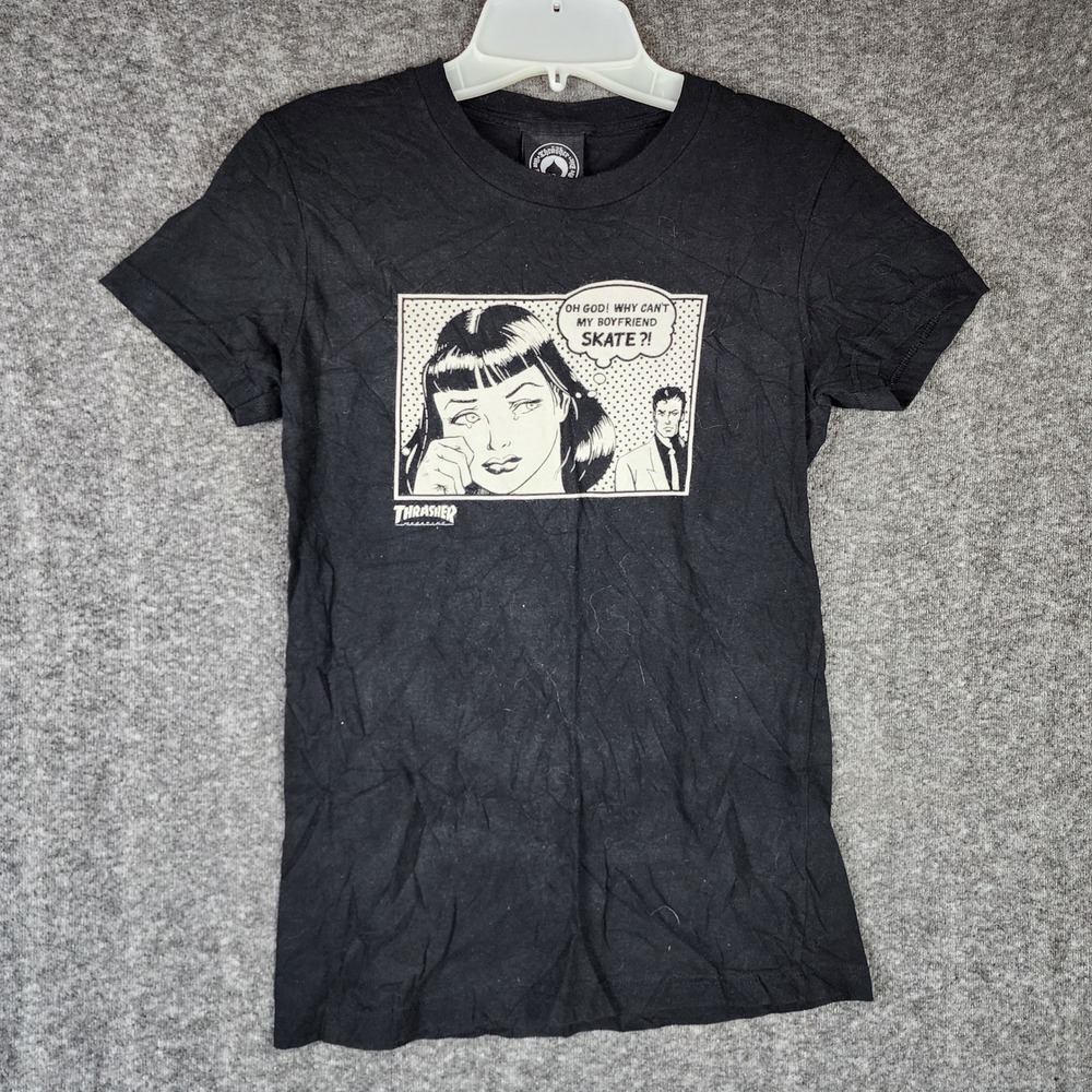 Thrasher T-Shirt Womens M Why Can't My Boyfriend Skate Black Graphic EUC